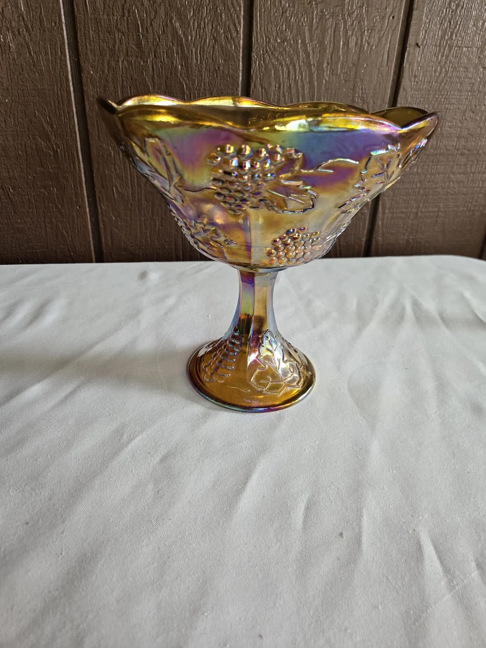 Vintage Indiana Marigold Amber Carnival Glass Harvest Grape Design Compote